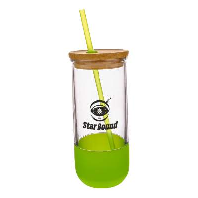 Lime green silicone tumbler with custom logo.