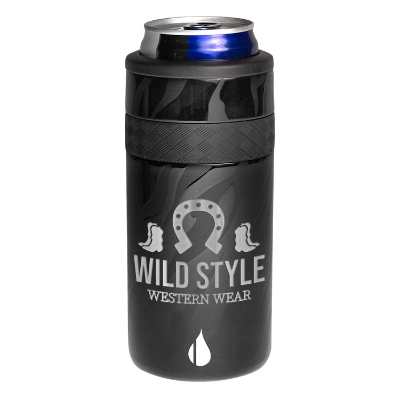 Stainless obsidian slim can cooler with custom engraved imprint.