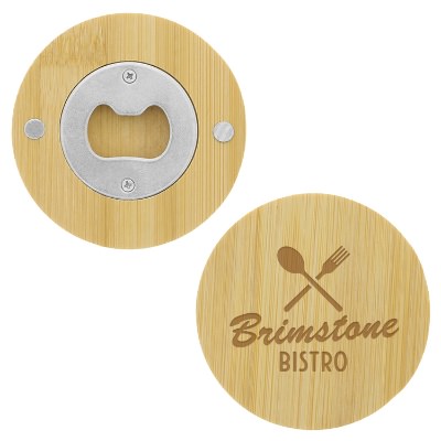 Round bamboo bottle opener with customized laser engraved imprint.