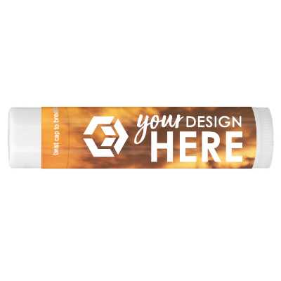 White background lip balm with a branded logo.