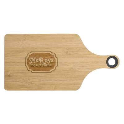 14-in. genoa natural bamboo cutting board with handle with laser engraved promotional logo.