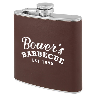 Brown flask with custom imprint in 6 ounces.