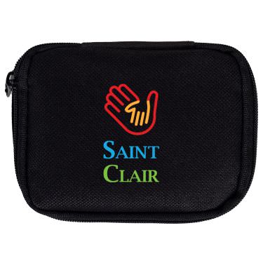 Black polyester pill organizer with a personalized logo.