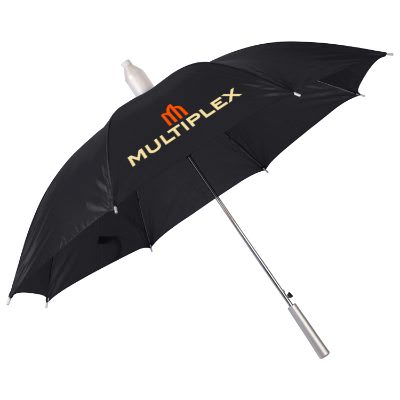 Full color imprint on 46 inch black umbrella with collapsible plastic cover.