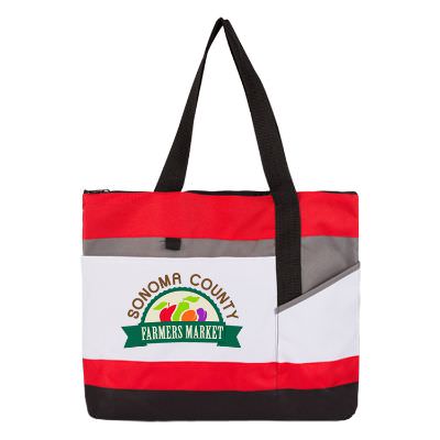 Polyester red superior tote with promotional full color imprint.