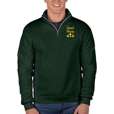 Custom forest green quarter-zip sweatshirt with logo.