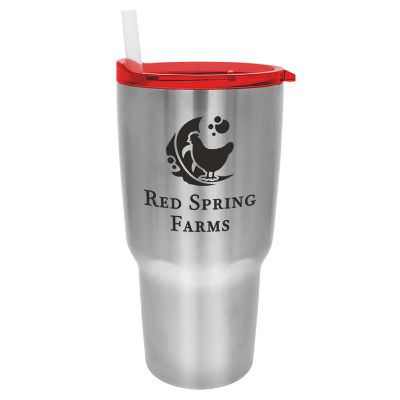 Stainless tumbler with red lid and custom logo.