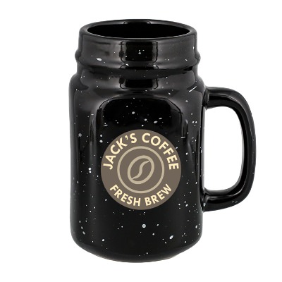 Black mason jar with full color logo.