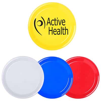 Plastic yellow high-5 inch flying disc with promotional logo.