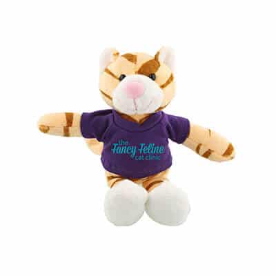 Plush and cotton purple mascots cat with customized imprint.