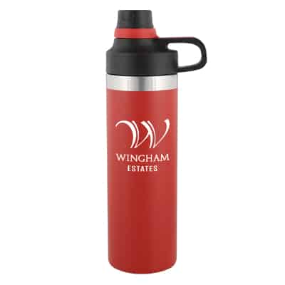 Stainless steel red water bottle with custom branding in 18 ounces.