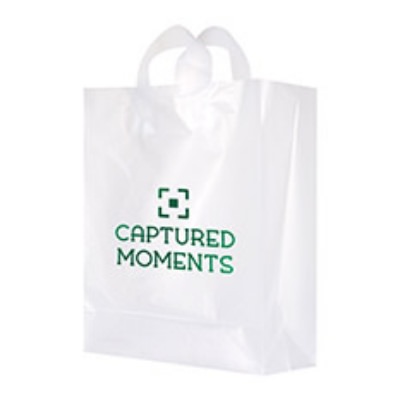 Plastic frosted clear foil stamped shopper bag with custom imprint.