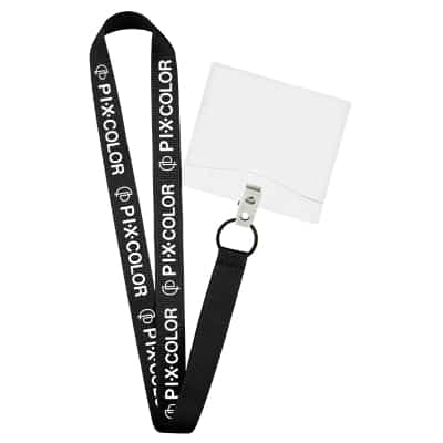 3/4 inch forest green grosgrain polyester lanyard with custom imprint, black key ring and horizontal ID holder.