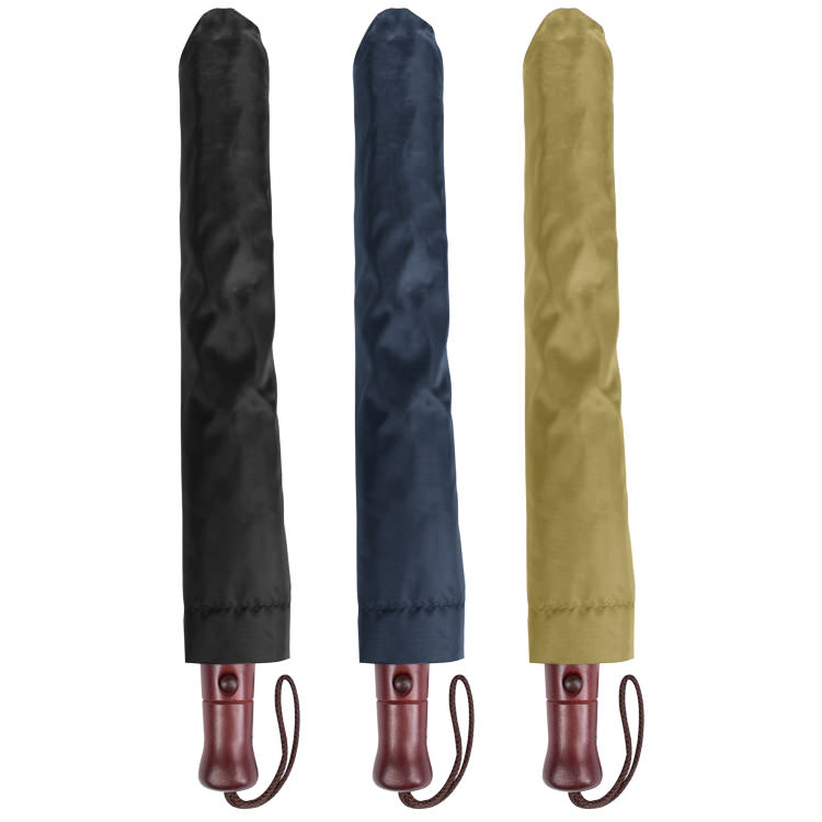 Nylon 44 inch umbrella with wooden handle.