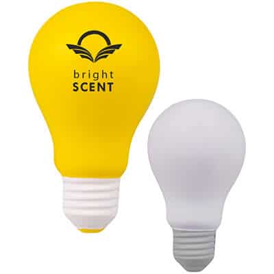 Foam yellow incandescent light bulb stress ball with logo.