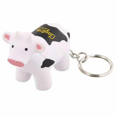 Foam cow stress ball key ring with personalized print.