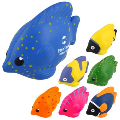 Foam blue and yellow tropical fish stress ball with a custom imprint.