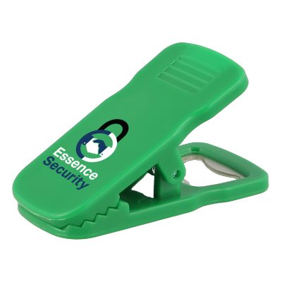 Plastic black clip with aluminum bottle opener with full color promotional imprint.