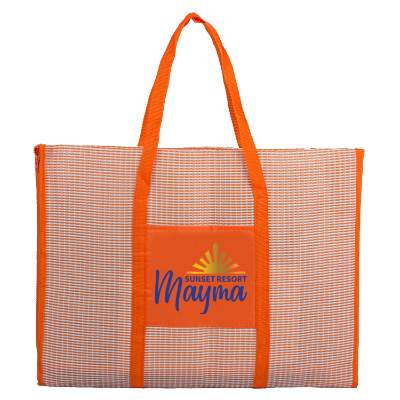 Full color imprint on zip up orange beach mat with inflatable pillow.