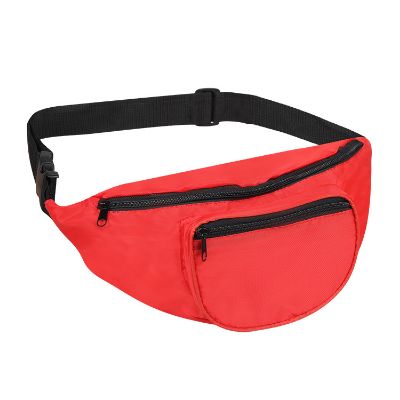 Blank red bulk fanny pack with adjustable waist strap.