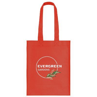 Polypropylene red tote bag with full-color custom print and 4-inch gussets.