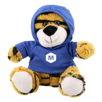 Plush and cotton tiger with royal blue hoodie with custom imprint.