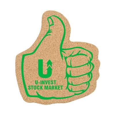 Large cork thumbs up coaster with custom printed.