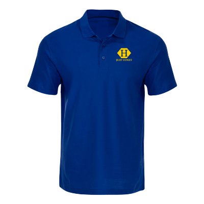Royal blue polo with personalized logo.