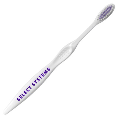White plastic toothbrush with a custom imprint.