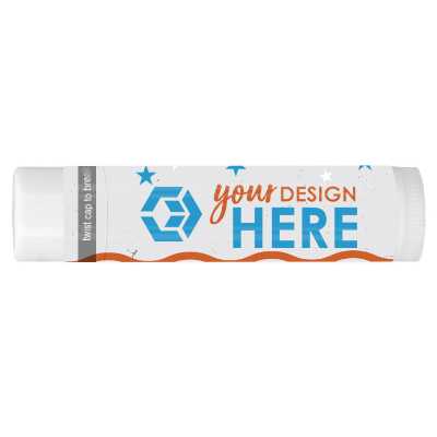 Flag background lip balm with a personalized logo.