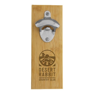 Bamboo wall mounted bottle opener with custom laser engraved imprint.