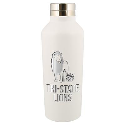 Matte white stainless bottle with engraved logo.