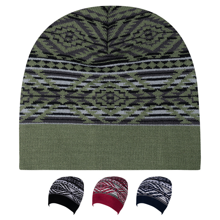 Blank diamond patterned beanie in green, blue and white with green border.