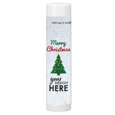 White background lip balm with a Christmas tree and a custom imprint.