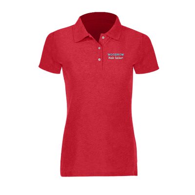 Heather red women's polo with custom embroidered logo.