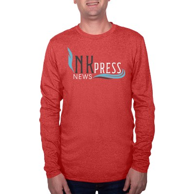 Full color imptint on bright red heather long sleeve t-shirt.