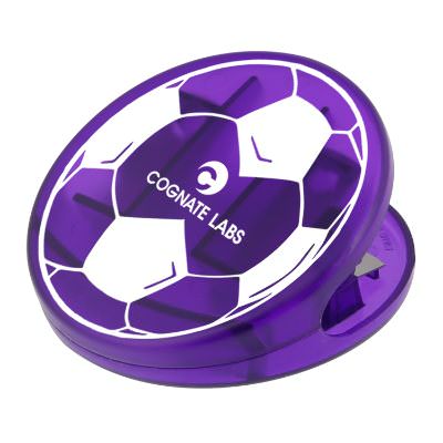 Plastic translucent purple soccer ball magnet chip clip custom printed.