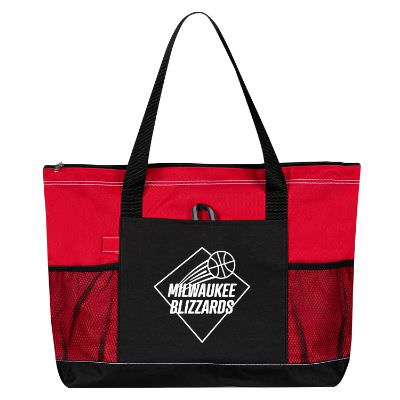 Polyester red voyager traveler tote with promotional logo.