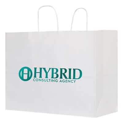 Paper white gloss foil stamped recyclable bag with customized imprint.