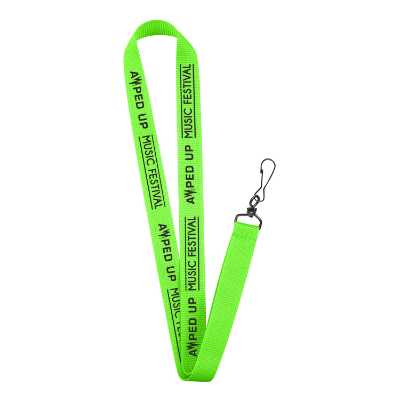 3/4 inch neon blue grosgrain polyester lanyard with custom imprint and black j-hook.
