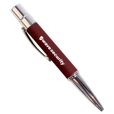 Maroon aluminum refillable pen branded with a one-color imprint.