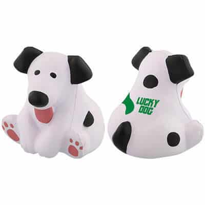 Foam fat dog stress ball with imprinted brand.