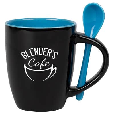 Ceramic black with blue coffee mug with c-handle and custom logo in 12 ounces.