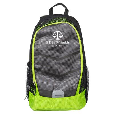 Lime green backpack with custom logo.