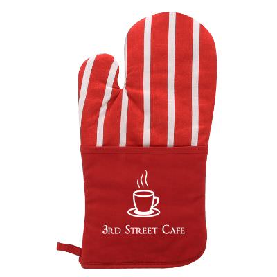 Red therma-grip pocket oven mitt with custom logo.