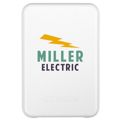 White plastic power bank with a branded imprint.
