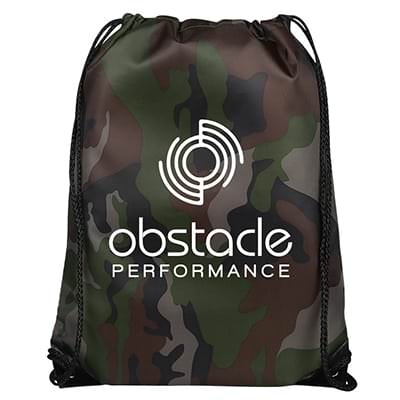 Polyester camo drawstring bag with reinforced corners. 