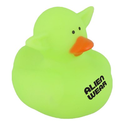 Plastic lime green custom rubber duck.