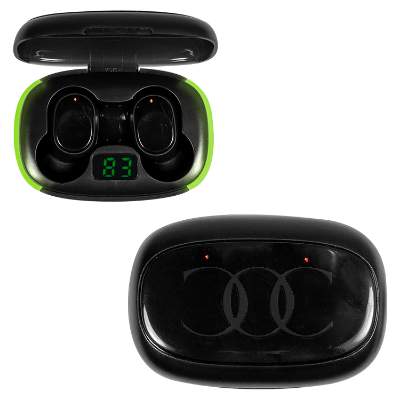Black plastic earbuds with an engraved logo.