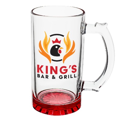 Red beer stein with full color logo.